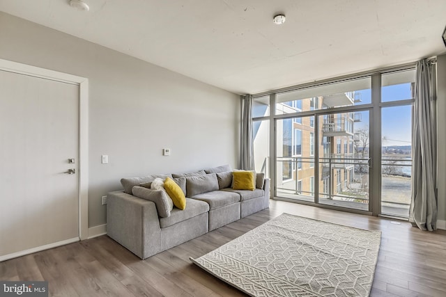 living room with a healthy amount of sunlight, hardwood / wood-style floors, and a wall of windows