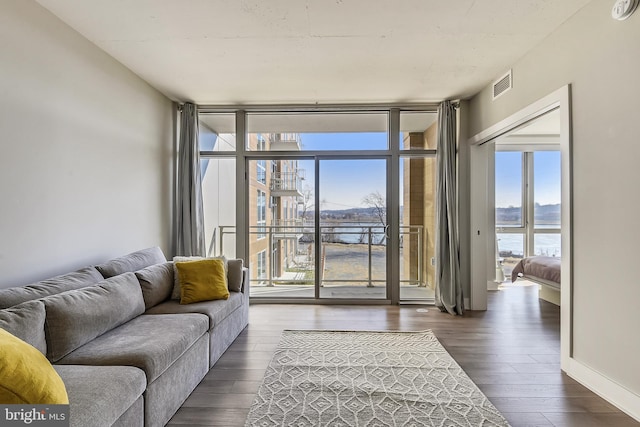 living room with plenty of natural light, dark hardwood / wood-style flooring, a wall of windows, and a water view