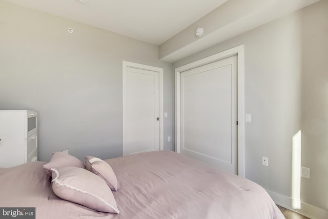 bedroom featuring hardwood / wood-style floors and a closet