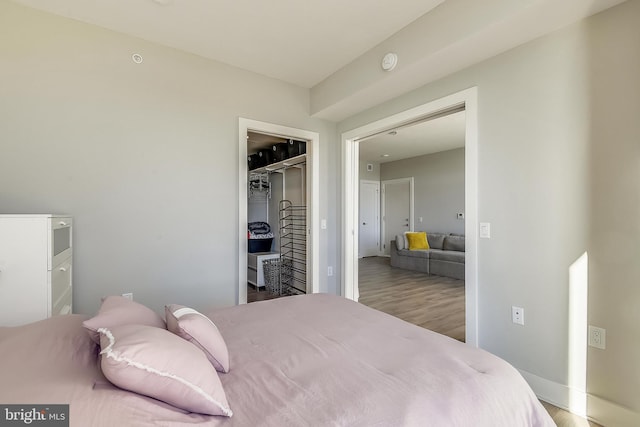 bedroom with a walk in closet, a closet, and hardwood / wood-style flooring