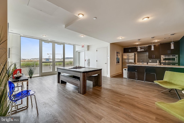 recreation room featuring french doors, light hardwood / wood-style flooring, and expansive windows