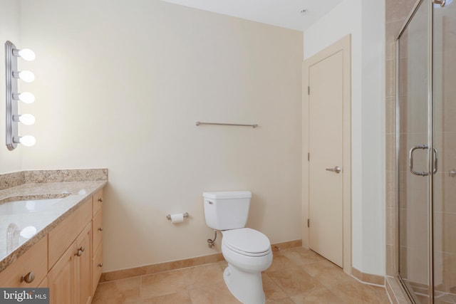 bathroom with tile patterned flooring, vanity, toilet, and walk in shower