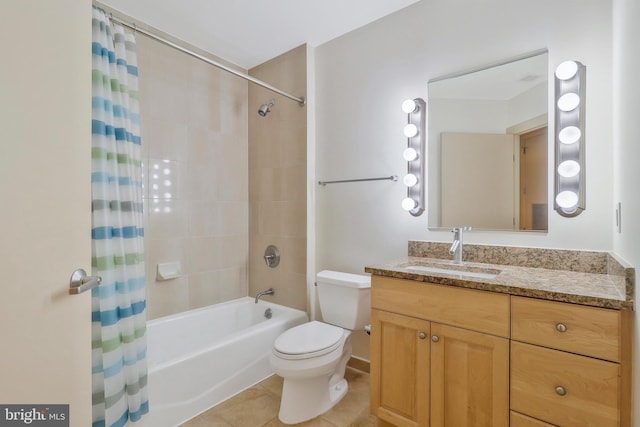 full bathroom featuring tile patterned flooring, toilet, shower / tub combo with curtain, and vanity