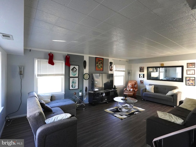 living area with wood finished floors, visible vents, a wealth of natural light, and baseboards