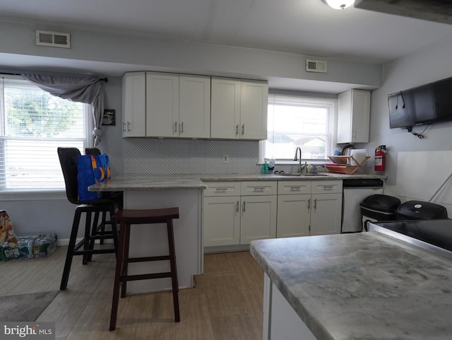 kitchen with plenty of natural light, white cabinetry, and stainless steel dishwasher