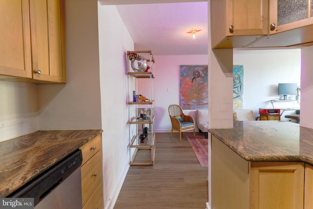 kitchen featuring hardwood / wood-style flooring, dark stone counters, and stainless steel dishwasher