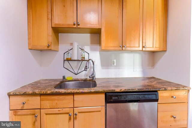 kitchen featuring stainless steel dishwasher, sink, and dark stone counters