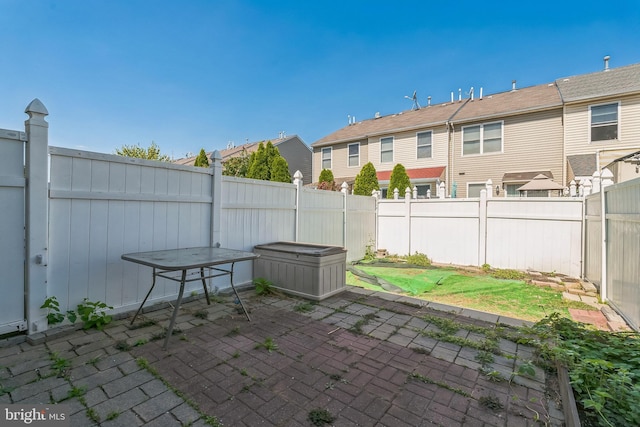 view of patio featuring a residential view and a fenced backyard