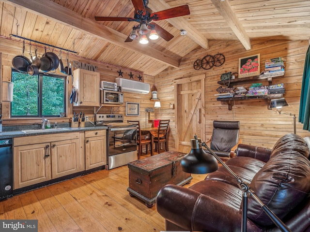 kitchen featuring light hardwood / wood-style floors, sink, wood walls, stainless steel appliances, and vaulted ceiling with beams