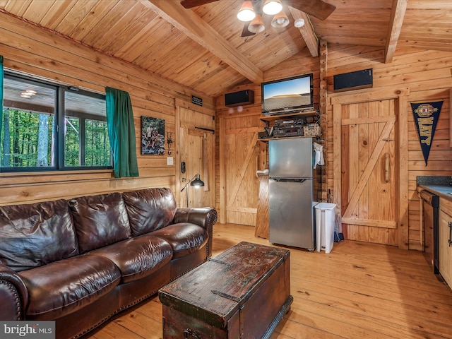 living room featuring light hardwood / wood-style floors, lofted ceiling with beams, wooden ceiling, ceiling fan, and wooden walls