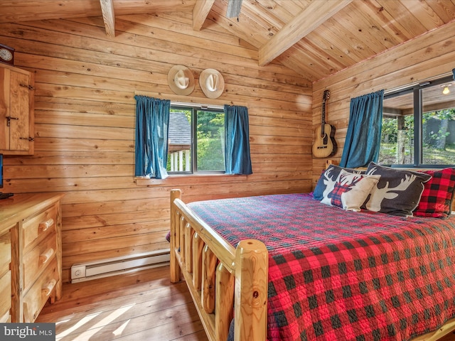 bedroom with lofted ceiling with beams, wooden walls, and hardwood / wood-style floors