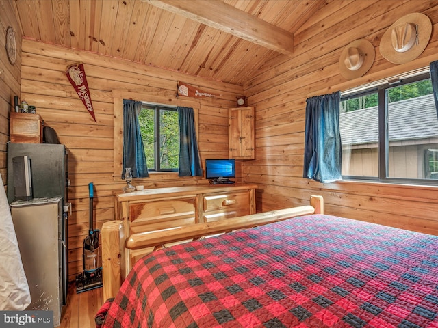 bedroom featuring wood-type flooring, vaulted ceiling with beams, wooden ceiling, and wooden walls