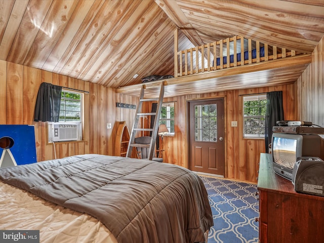 unfurnished bedroom featuring multiple windows, lofted ceiling, wood walls, and wooden ceiling