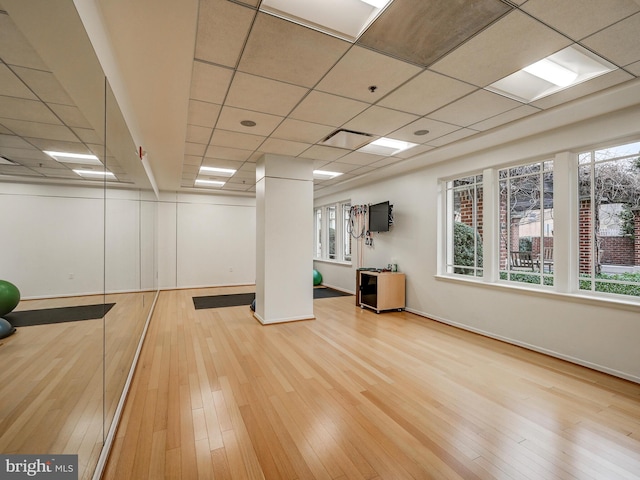 exercise room featuring hardwood / wood-style floors and a drop ceiling