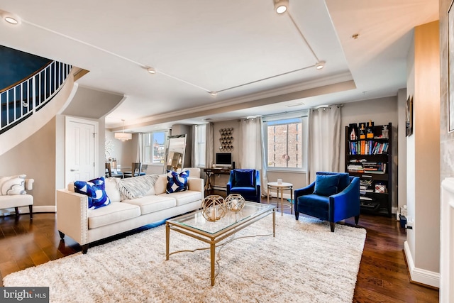 living area with dark wood-style floors, plenty of natural light, and a tray ceiling