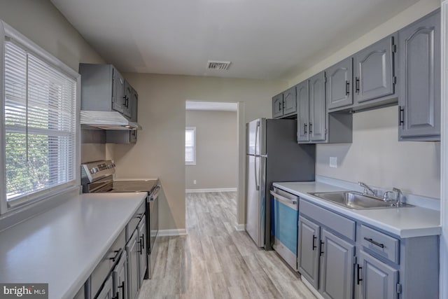 kitchen with light wood-type flooring, sink, gray cabinets, and appliances with stainless steel finishes