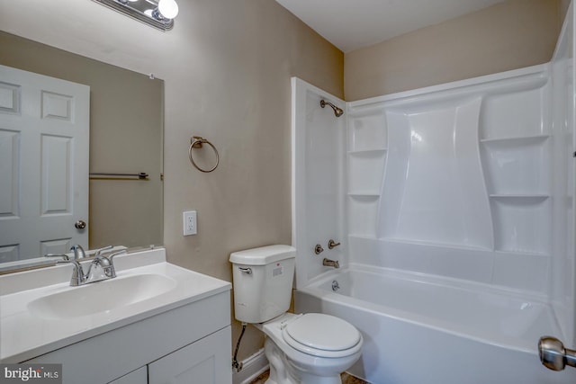 full bathroom with toilet, tub / shower combination, and vanity