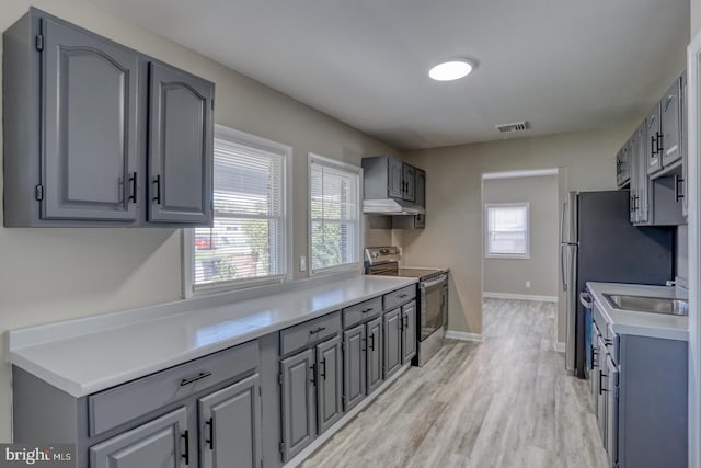 kitchen with light wood-type flooring, gray cabinetry, stainless steel range with electric cooktop, and sink