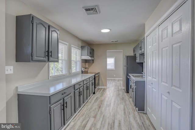 kitchen with light hardwood / wood-style flooring, gray cabinets, and stainless steel range with electric stovetop