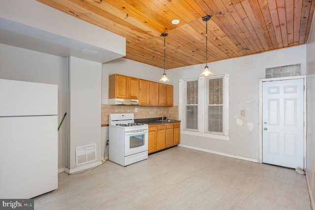 kitchen with white appliances, tasteful backsplash, sink, wood ceiling, and decorative light fixtures