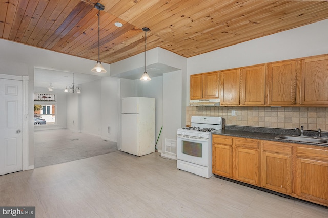 kitchen with wooden ceiling, decorative light fixtures, sink, and white appliances