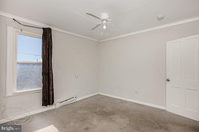 spare room with crown molding, carpet floors, baseboard heating, and ceiling fan