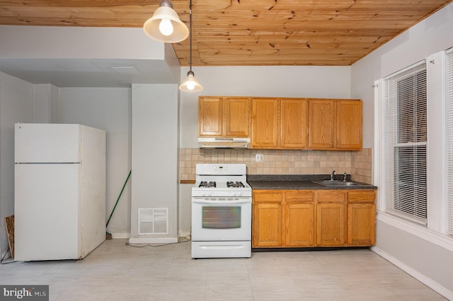 kitchen with wood ceiling, backsplash, sink, decorative light fixtures, and white appliances