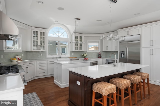 kitchen featuring range hood, dark wood finished floors, stainless steel appliances, decorative backsplash, and an island with sink