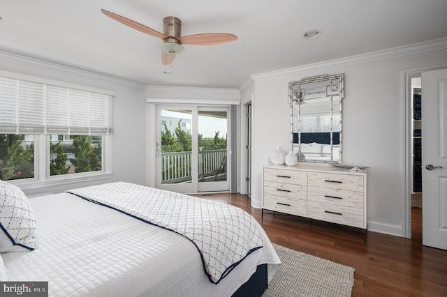 bedroom featuring a ceiling fan, baseboards, access to outside, dark wood finished floors, and crown molding