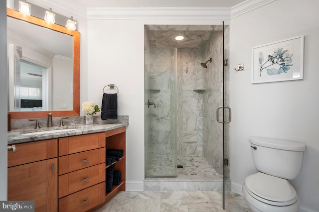 bathroom featuring marble finish floor, crown molding, a marble finish shower, toilet, and baseboards