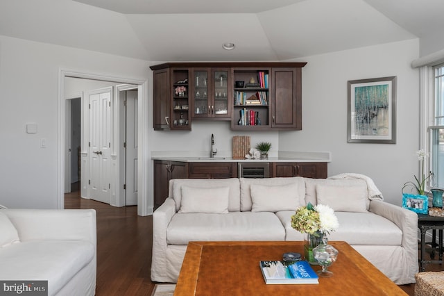 living room with lofted ceiling, wine cooler, wet bar, and dark wood-type flooring