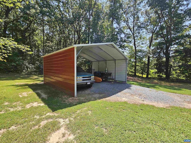 view of outdoor structure featuring a lawn and a carport