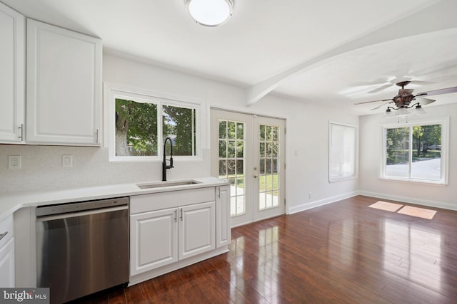 kitchen with white cabinetry, sink, french doors, and dishwasher