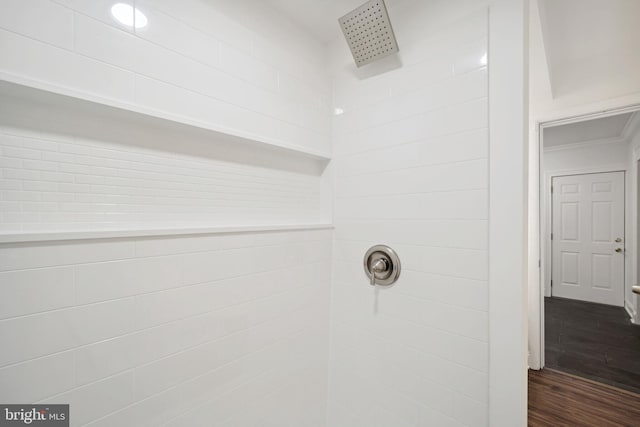 details featuring walk in shower and wood-type flooring