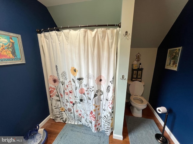 bathroom with vaulted ceiling, toilet, wood-type flooring, and curtained shower