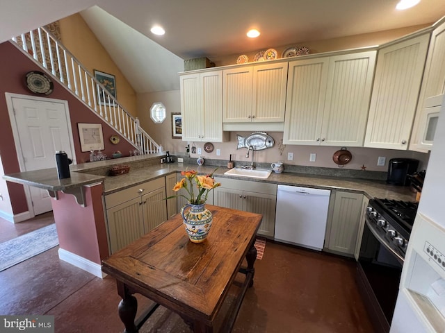 kitchen with a sink, recessed lighting, white appliances, concrete floors, and a peninsula