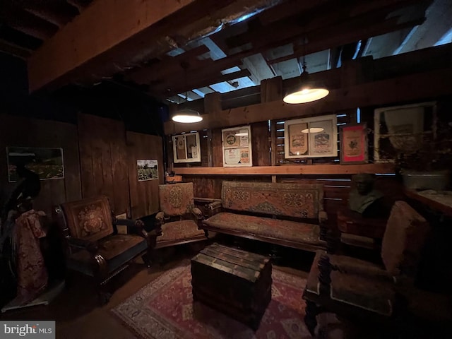 living area featuring wood walls