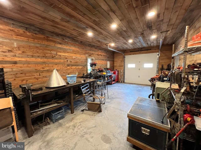 garage with wood walls and wooden ceiling