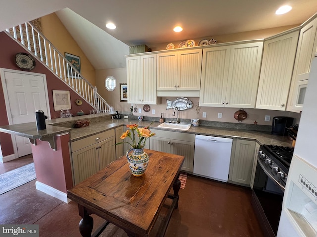 kitchen featuring white dishwasher, kitchen peninsula, sink, lofted ceiling, and black gas range