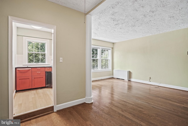 entryway with hardwood / wood-style flooring, a wealth of natural light, radiator, and a textured ceiling