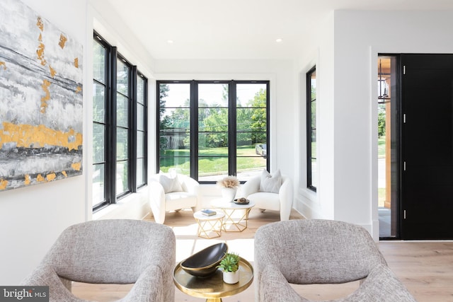 living area with a wealth of natural light and light hardwood / wood-style floors