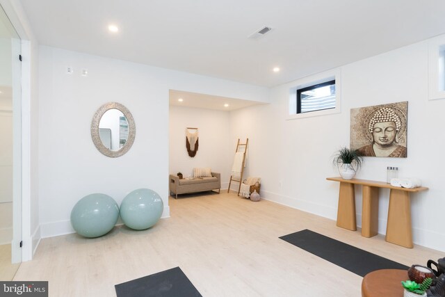 workout room featuring hardwood / wood-style floors