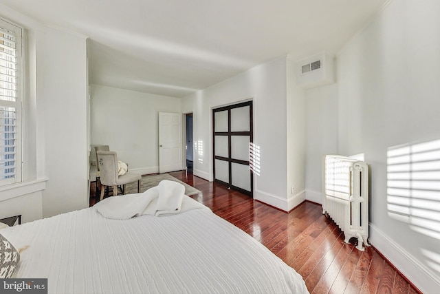 bedroom with radiator and dark hardwood / wood-style flooring