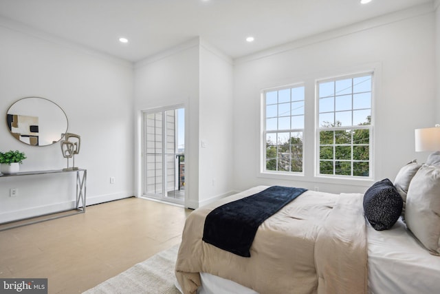 bedroom featuring light wood-type flooring and crown molding