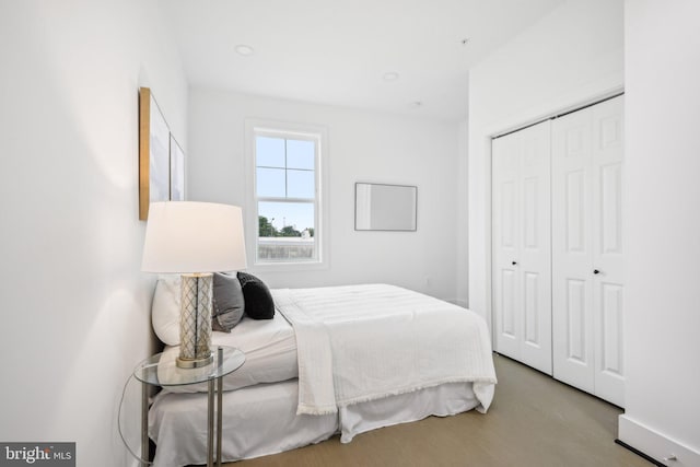 bedroom featuring wood-type flooring and a closet