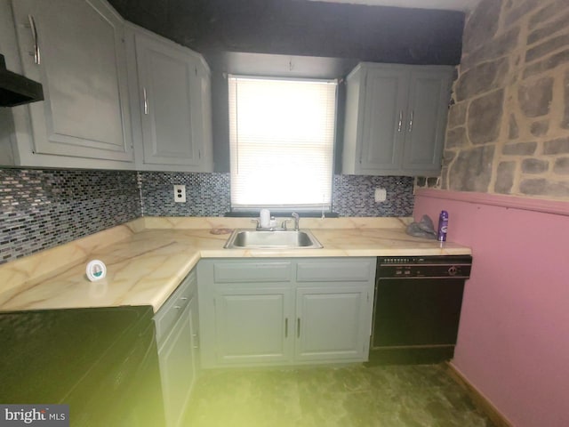 kitchen with sink, backsplash, range, range hood, and black dishwasher