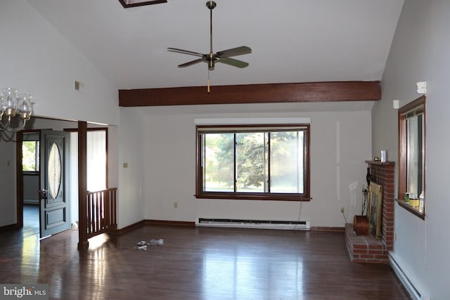 unfurnished room with a fireplace, a baseboard radiator, ceiling fan, and dark hardwood / wood-style floors