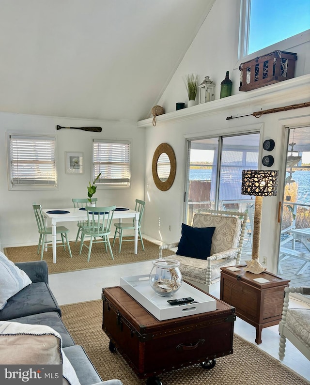 carpeted living room with high vaulted ceiling