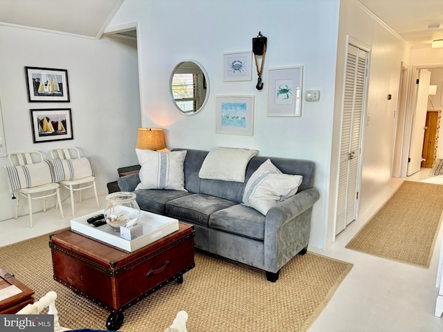 living room with crown molding