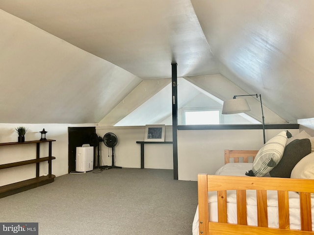 bedroom featuring carpet flooring, vaulted ceiling, and water heater